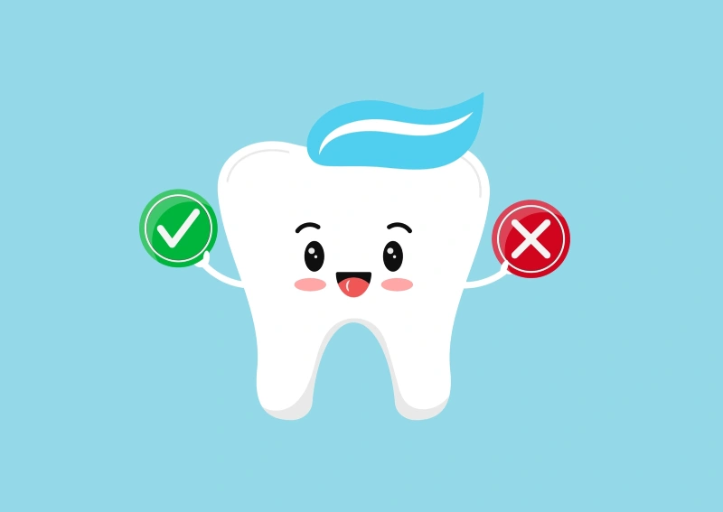 Cute anthropomorphized tooth holds a green “check mark” in one hand and a red “X mark” in the other denoting dental dos and don’ts