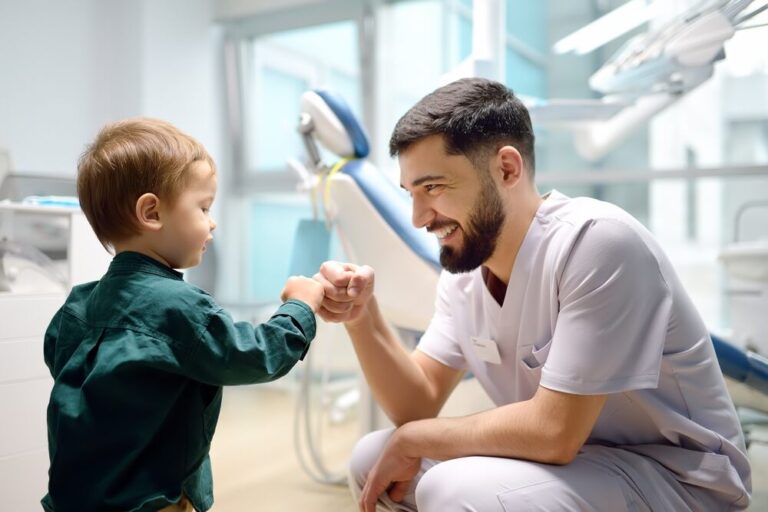 Pedodontist fist bumps young male patient