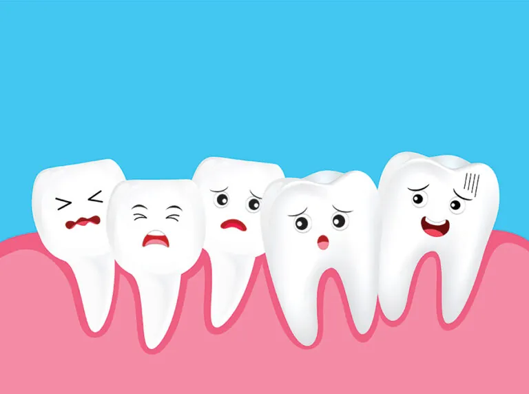 Cute overcrowded teeth with various unhappy expressions overlapping one another.