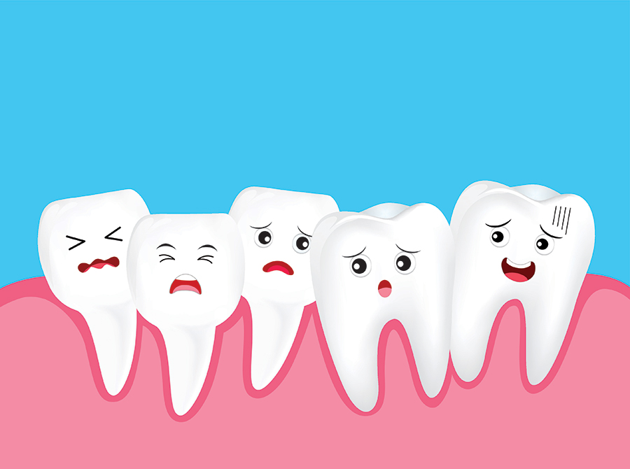 Cute overcrowded teeth with various unhappy expressions overlapping one another.